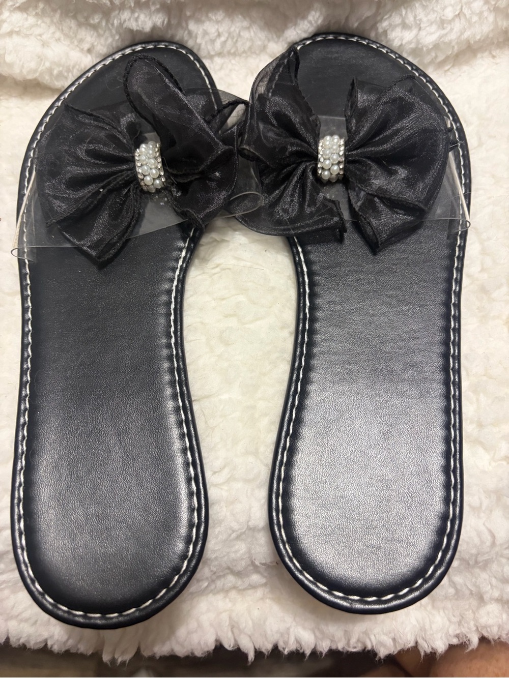 Source Unknown Black Slide Sandals with Sheer Bow and Pearl Cluster